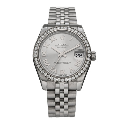 Rolex Stainless Steel 18K White Gold Diamond Bezel 31mm Oyster Perpetual Datejust Watch Silver Roman 178384 1 of 5