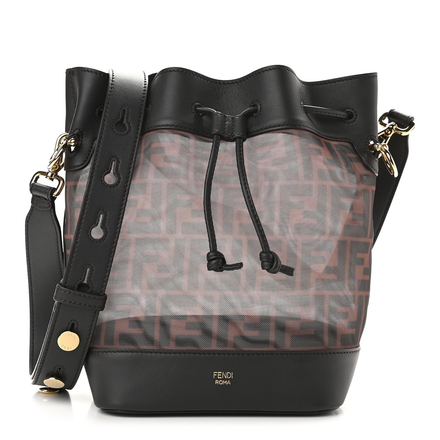 Fendi Mesh Vitello Grace F is Fendi FF 1974 Grande Mon Tresor Bucket Bag Marrone Black Ebano 1 of 9