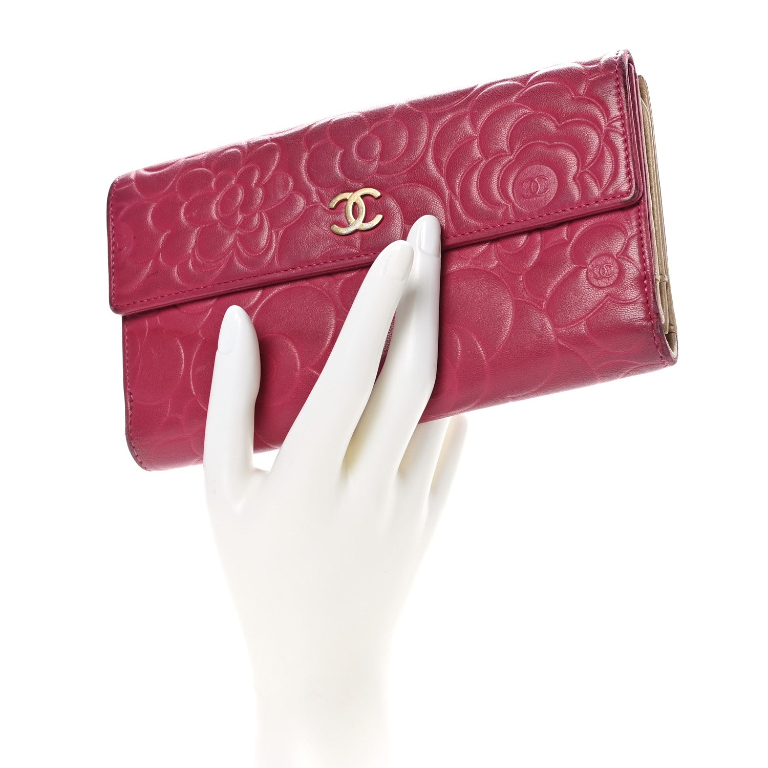 Chanel Lambskin Embossed Camellia Large Gusset Flap Wallet Pink 2 of 12