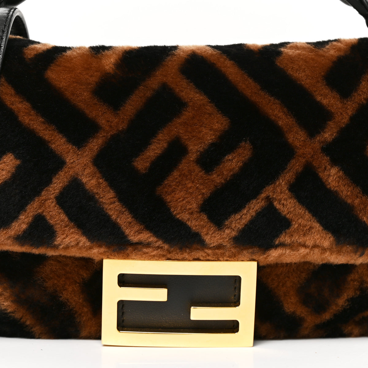 Fendi Shearling Vitello Dolce Macro FF 1974 Mini Baguette Tobacco Black 8 of 10