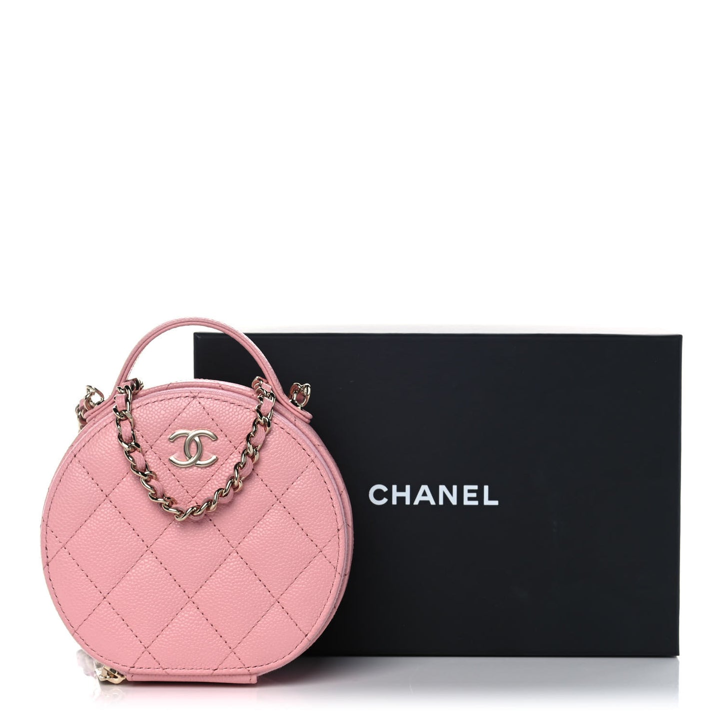 Caviar Quilted Round Handle With Care Vanity With Chain Pink