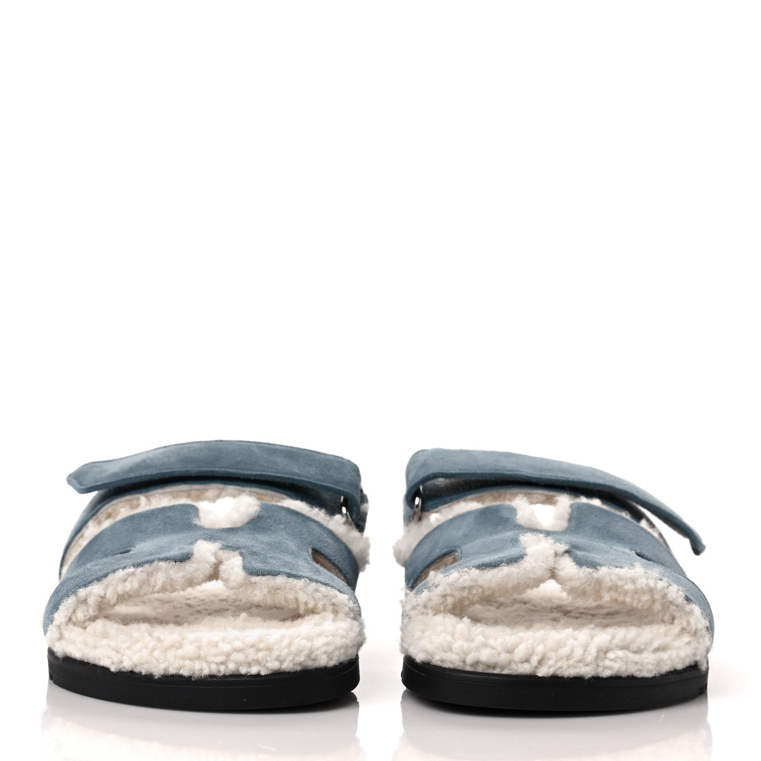 Hermes Suede Goatskin Woolskin Womens Chypre Sandals 39 Bleu Pinede Ecru 2 of 8