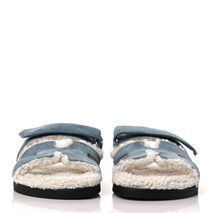 Hermes Suede Goatskin Woolskin Womens Chypre Sandals 39 Bleu Pinede Ecru 2 of 8