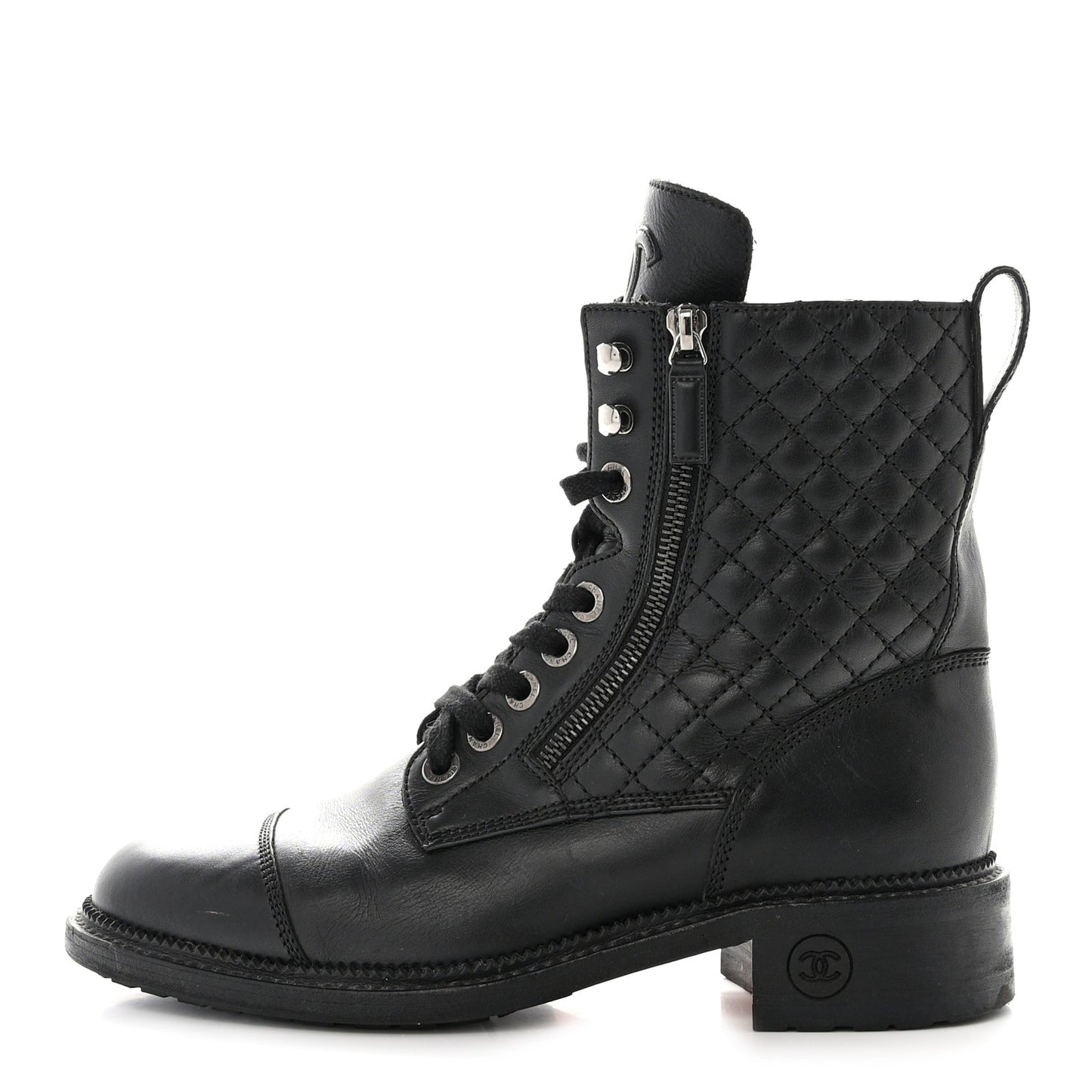Shiny Goatskin Calfskin Quilted Lace Up Combat Boots 40 Black