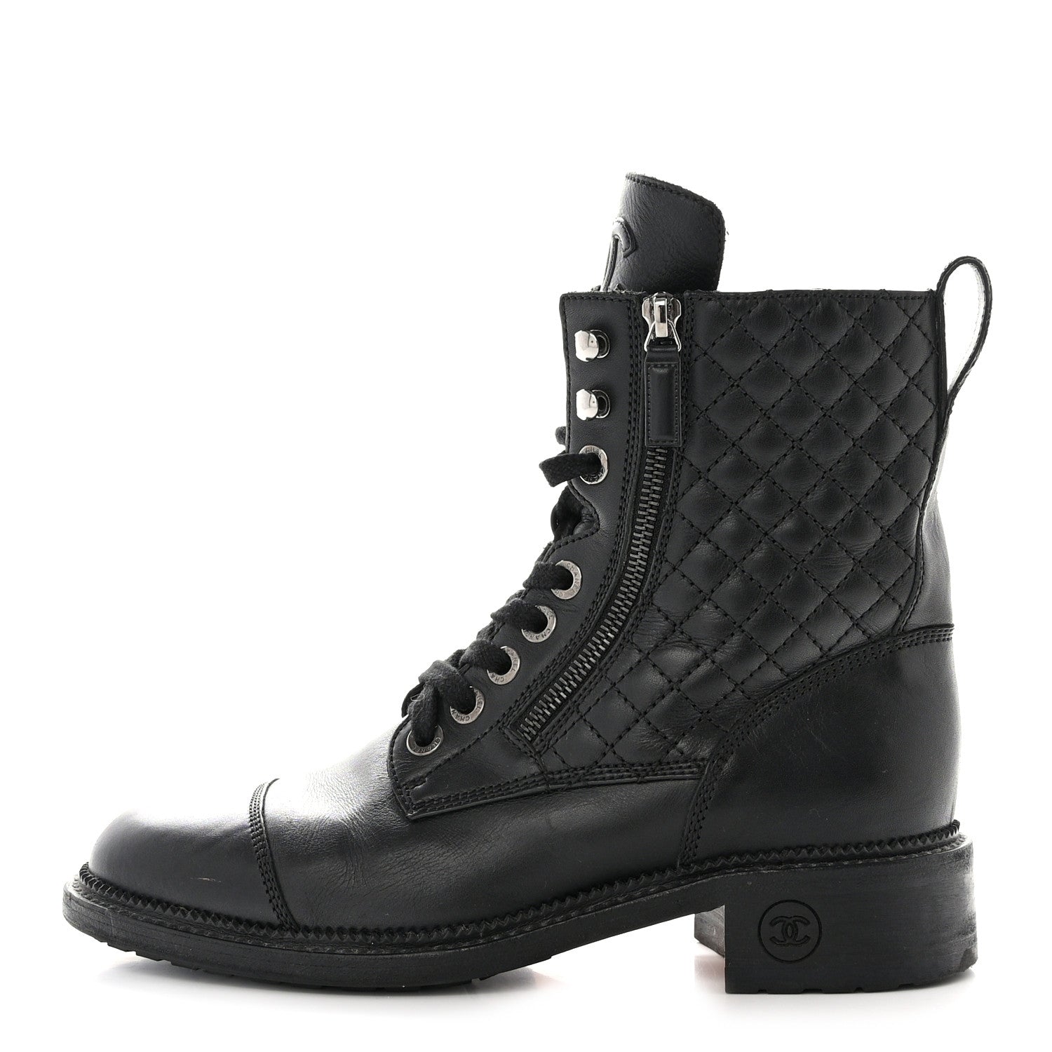 Chanel Shiny Goatskin Calfskin Quilted Lace Up Combat Boots 40 Black 1 of 12