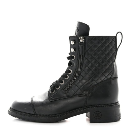 Chanel Shiny Goatskin Calfskin Quilted Lace Up Combat Boots 40 Black 1 of 12