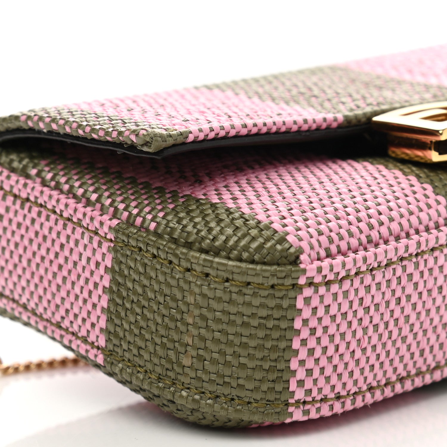 Fendi Raffia Pequin Gingham Woven Nano Baguette Charm Verde Militare Rosa 8 of 9