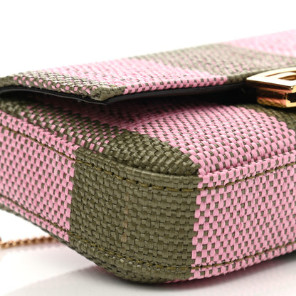 Fendi Raffia Pequin Gingham Woven Nano Baguette Charm Verde Militare Rosa 8 of 9