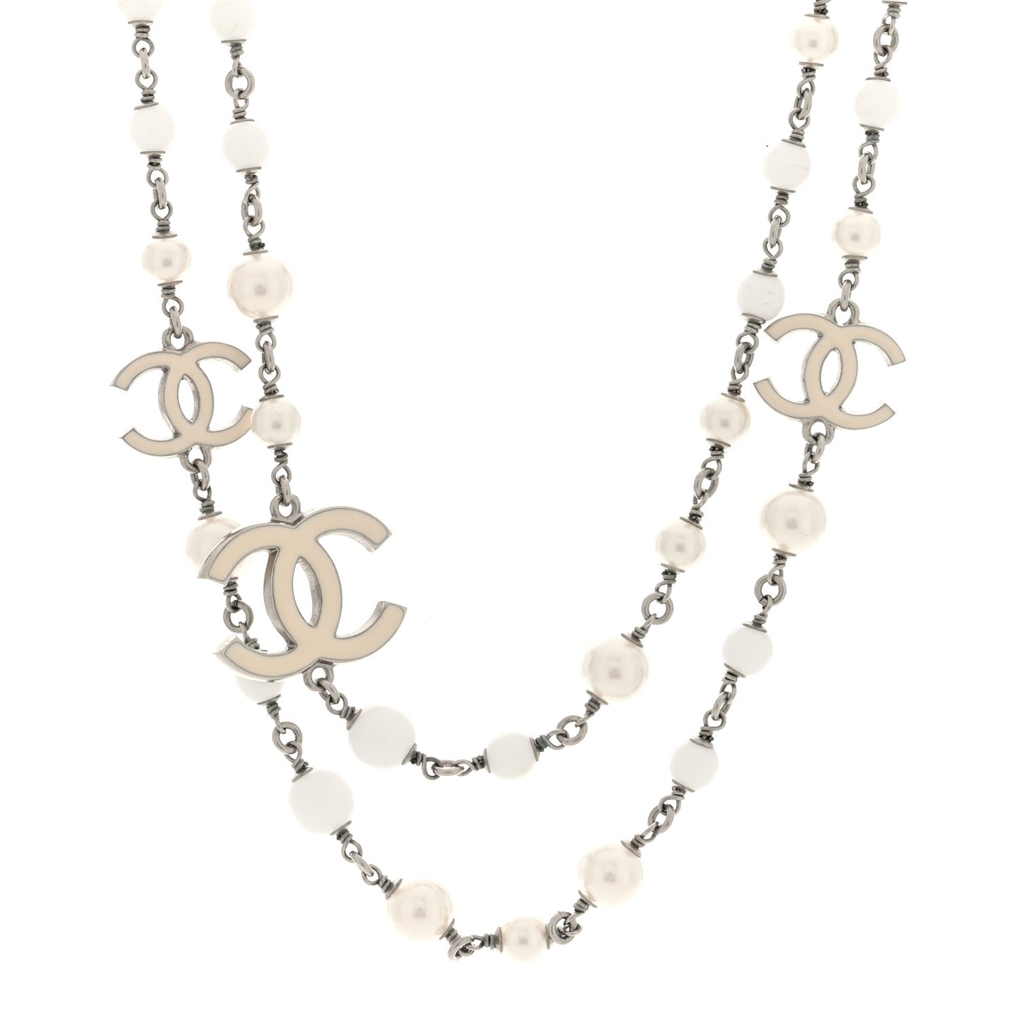 Pearl Enamel Bead CC Long Necklace  Silver White