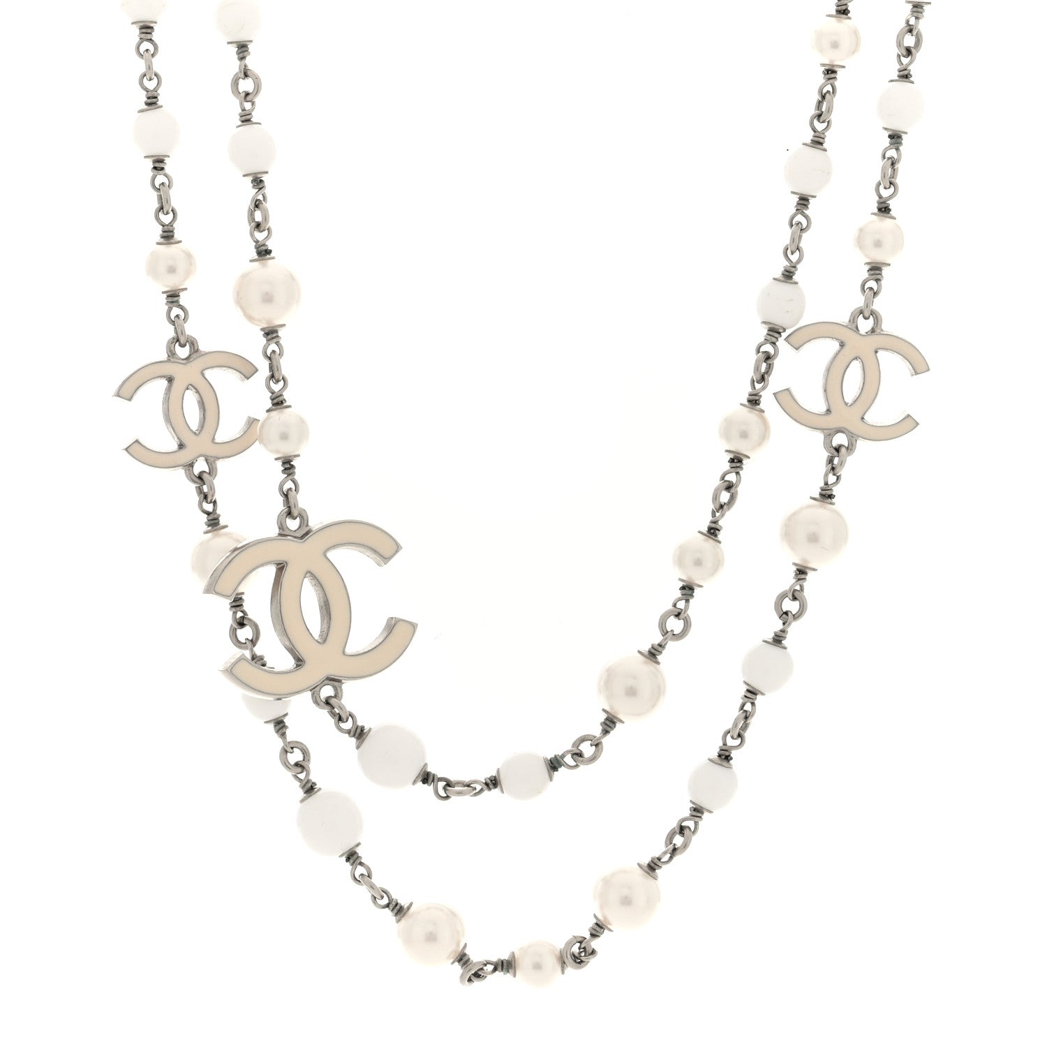 Chanel Pearl Enamel Bead CC Long Necklace  Silver White 1 of 4