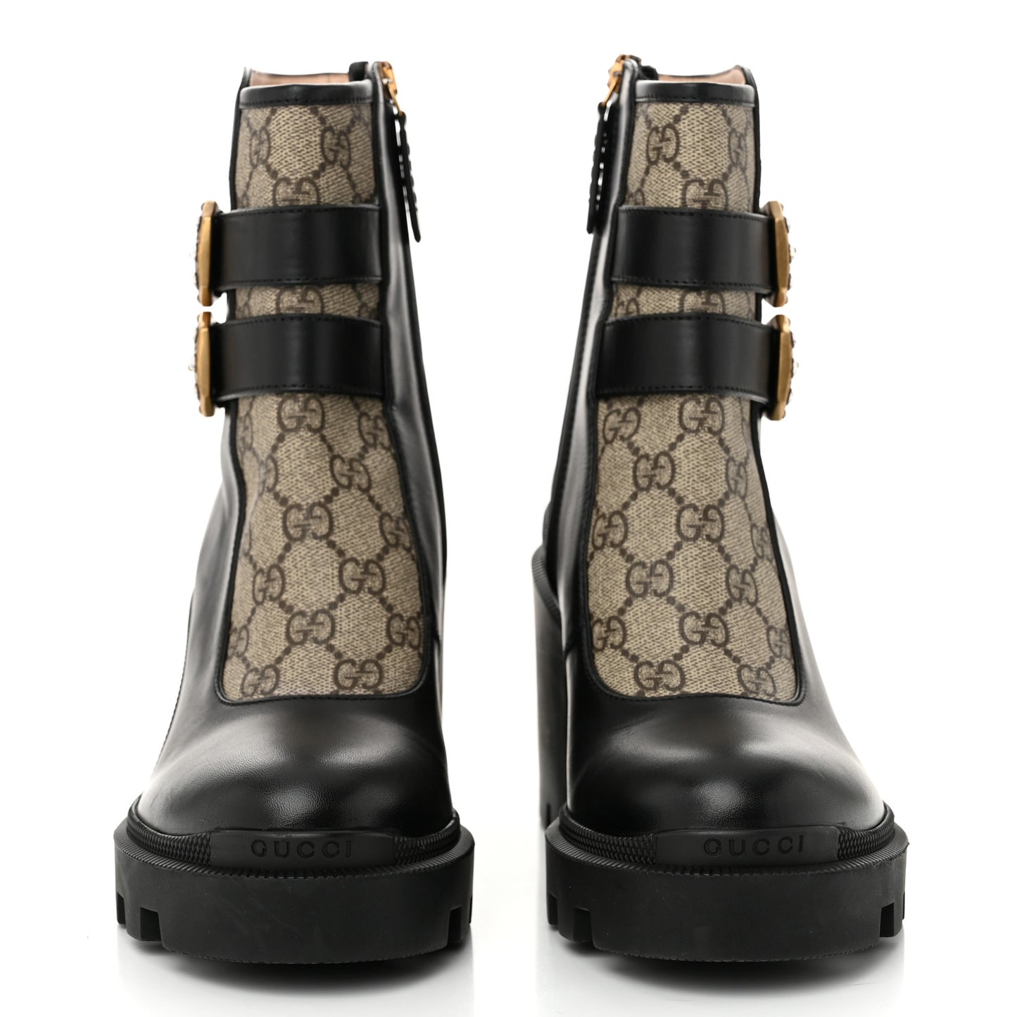 Kensington Calfskin Nappa GG Supreme Monogram Womens Double Buckle Ankle Boots 38 Black