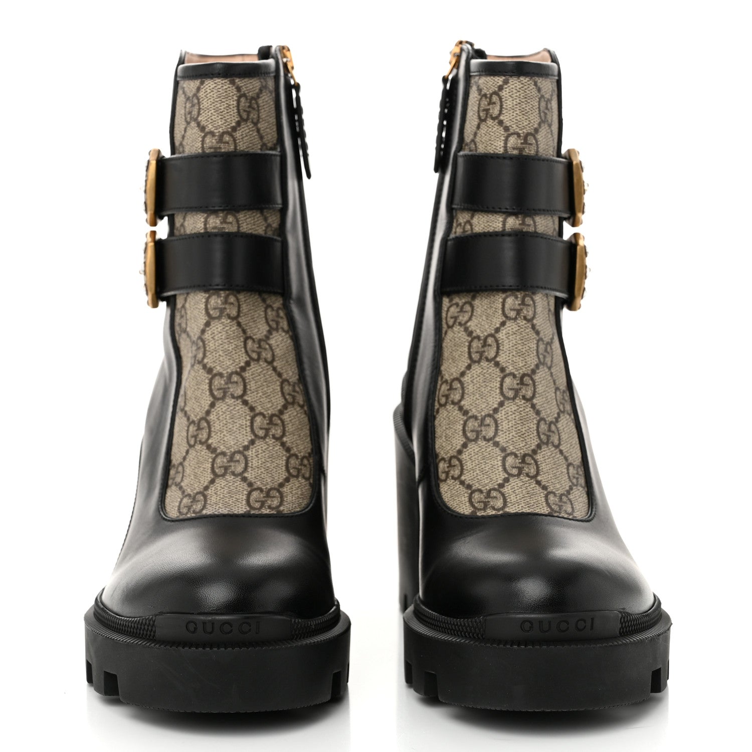 Gucci Kensington Calfskin Nappa GG Supreme Monogram Womens Double Buckle Ankle Boots 38 Black 3 of 11