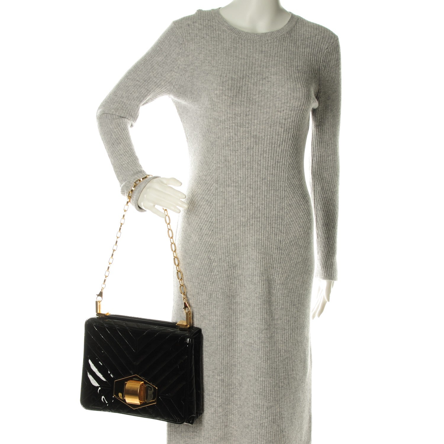 Lanvin Patent Chevron Quilted Shoulder Bag Black 2 of 6