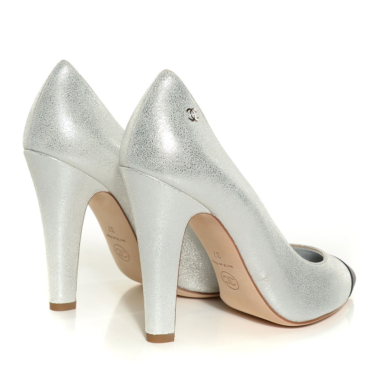 Metallic Crackled Leather Cap Toe Pumps 37 Silver Black