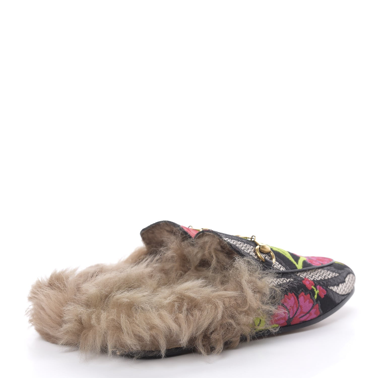 Gucci Brocade Fur Floral Womens Princetown Slippers 36 Black Anthracite 4 of 10