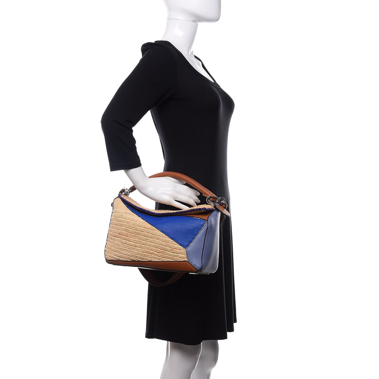 Calfskin Raffia Paula's Ibiza Medium Puzzle Bag Blue Tan