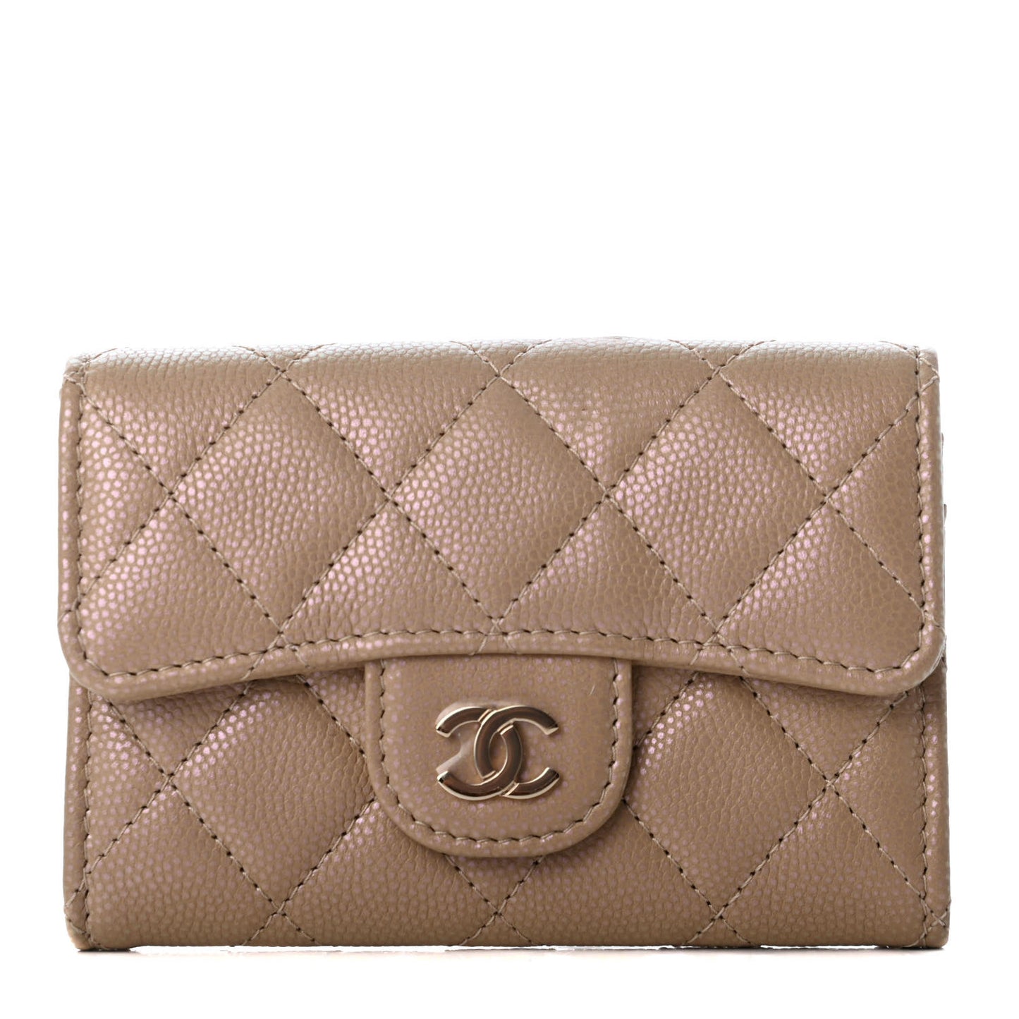 Iridescent Caviar Quilted Flap Card Holder Wallet Beige