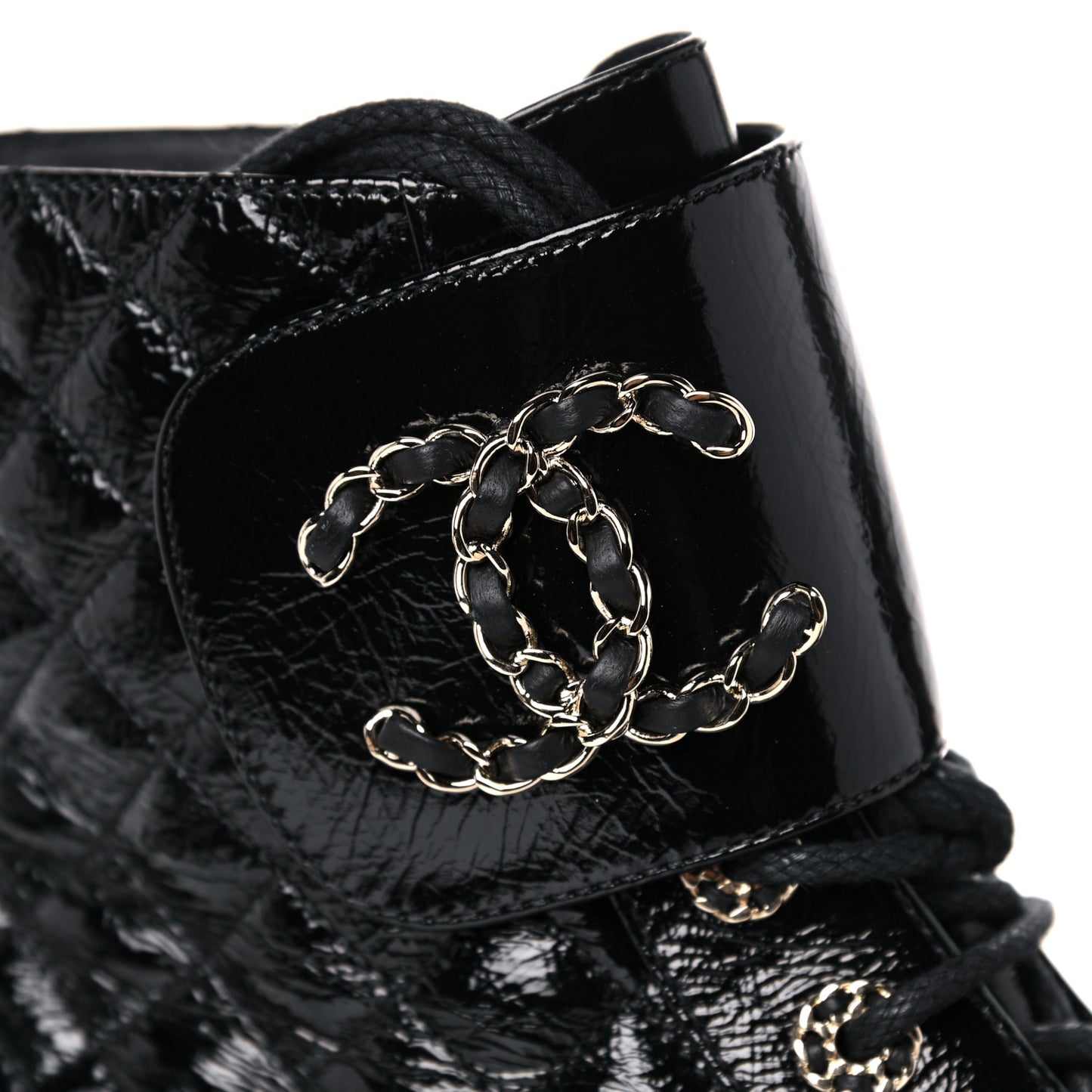 Shiny Calfskin Quilted Lace Up Combat Boots 40 Black