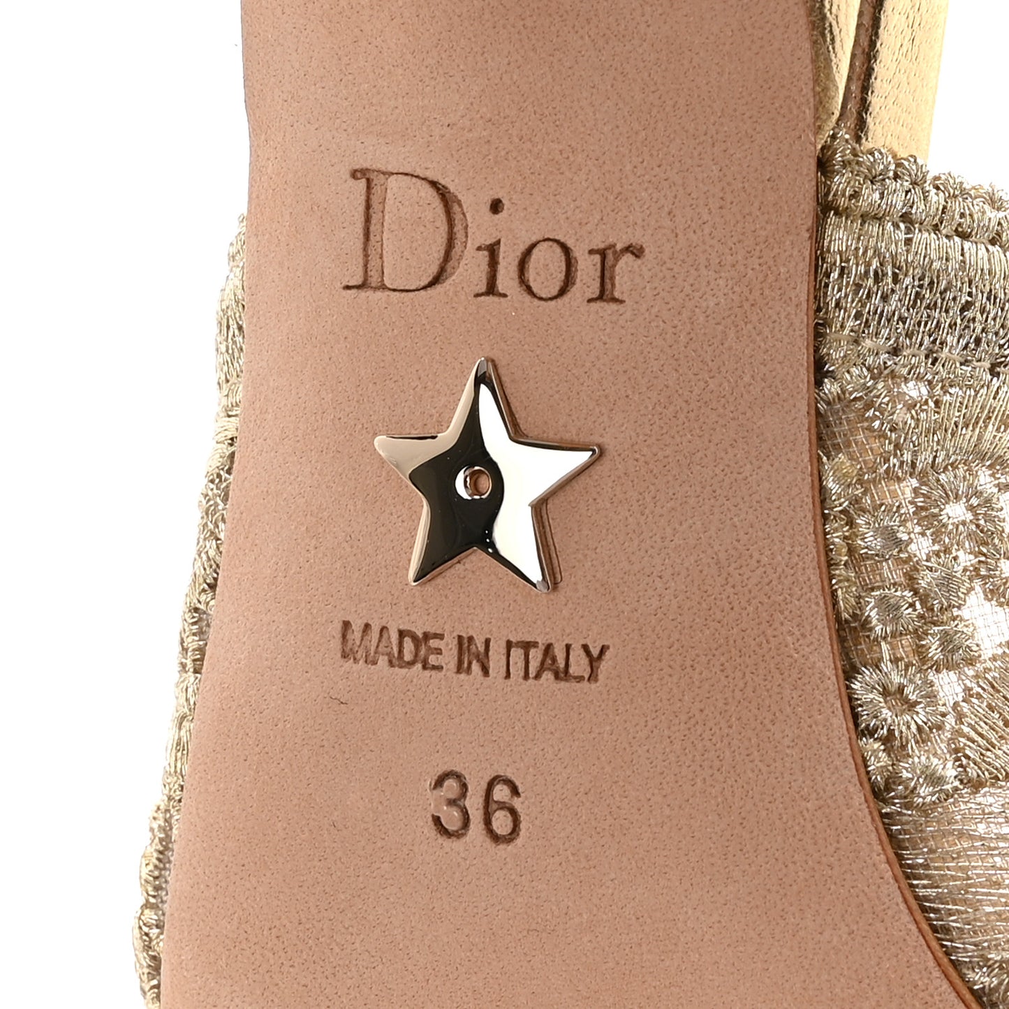 Transparent Metallic Embroidered Mesh Macrame Constantine Embroidered J'Adior Slingback 65mm Pumps 36 Pale Gold