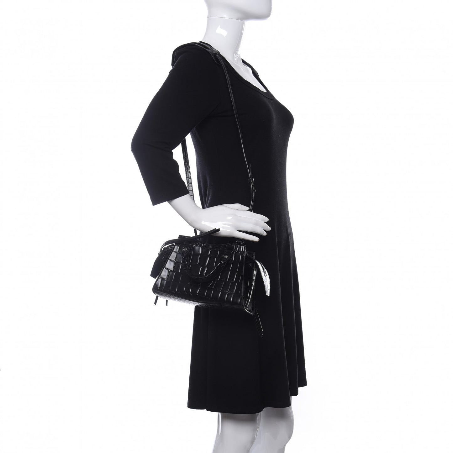 Semi Shiny Calfskin Crocodile Embossed Neo Classic Black Hardware Mini City Black