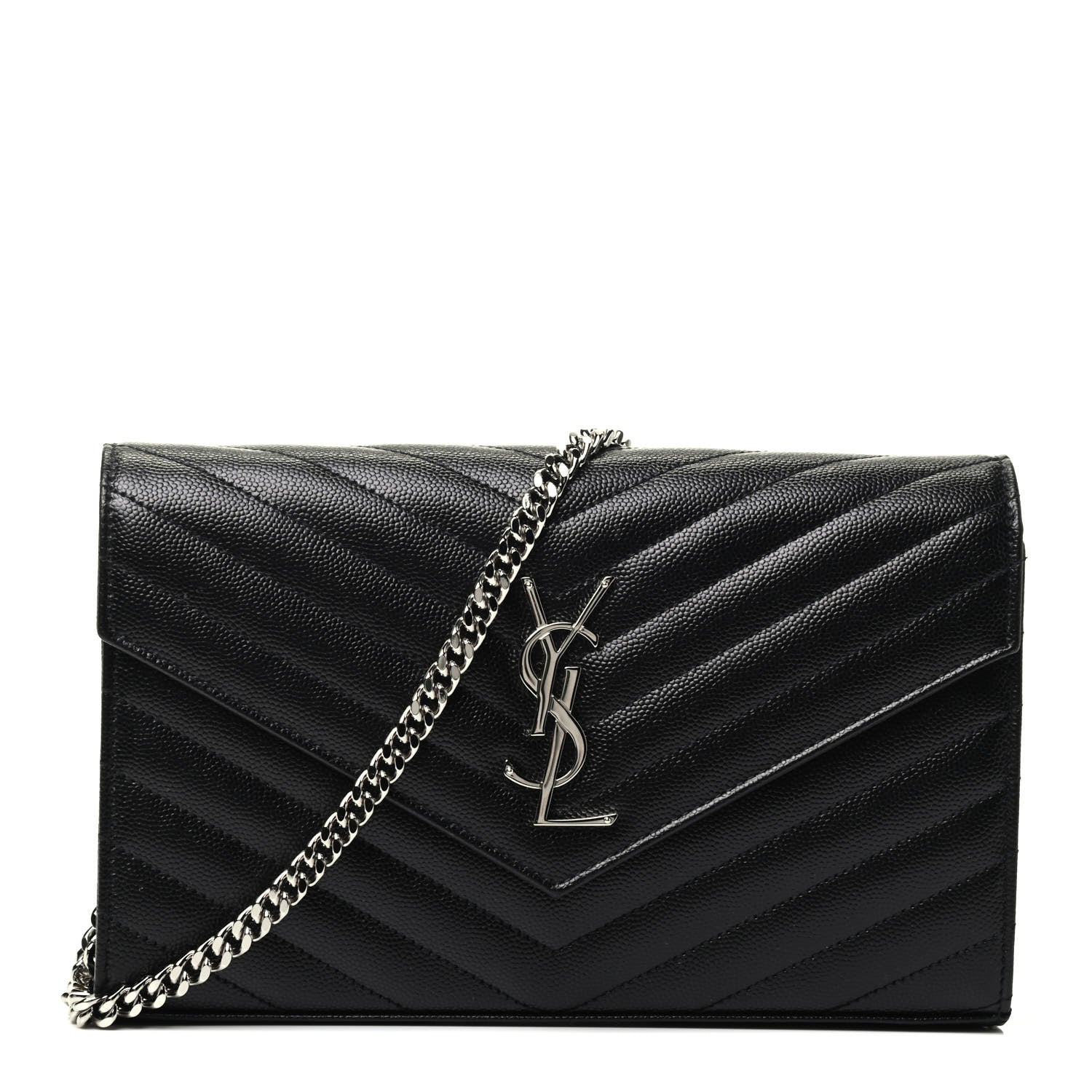 Saint Laurent Grain De Poudre Matelasse Chevron Monogram Chain Wallet Black 1 of 3