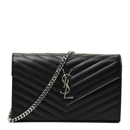 Saint Laurent Grain De Poudre Matelasse Chevron Monogram Chain Wallet Black 1 of 3