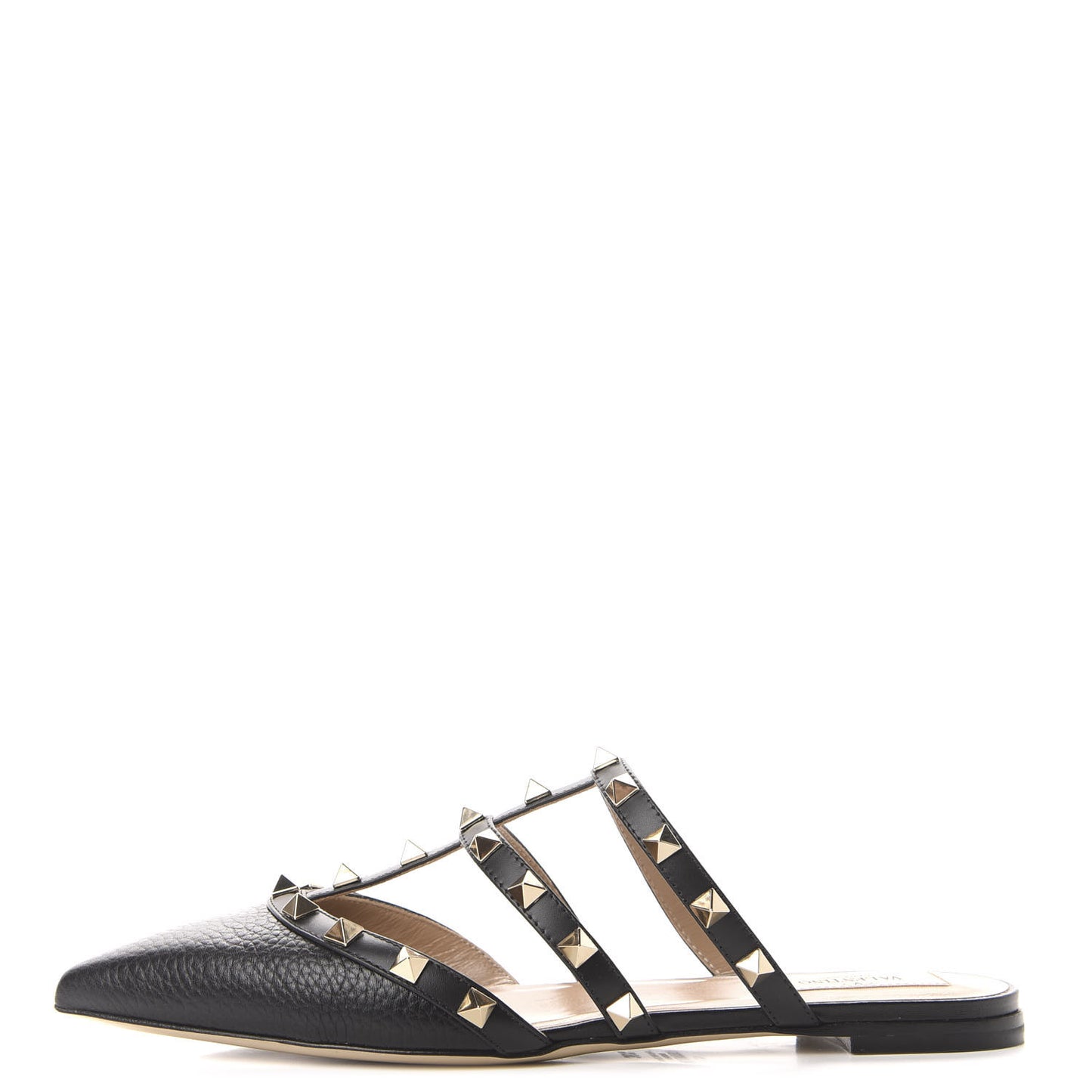 Pebbled Calfskin Rockstud Flat Cage Mules 36.5 Black