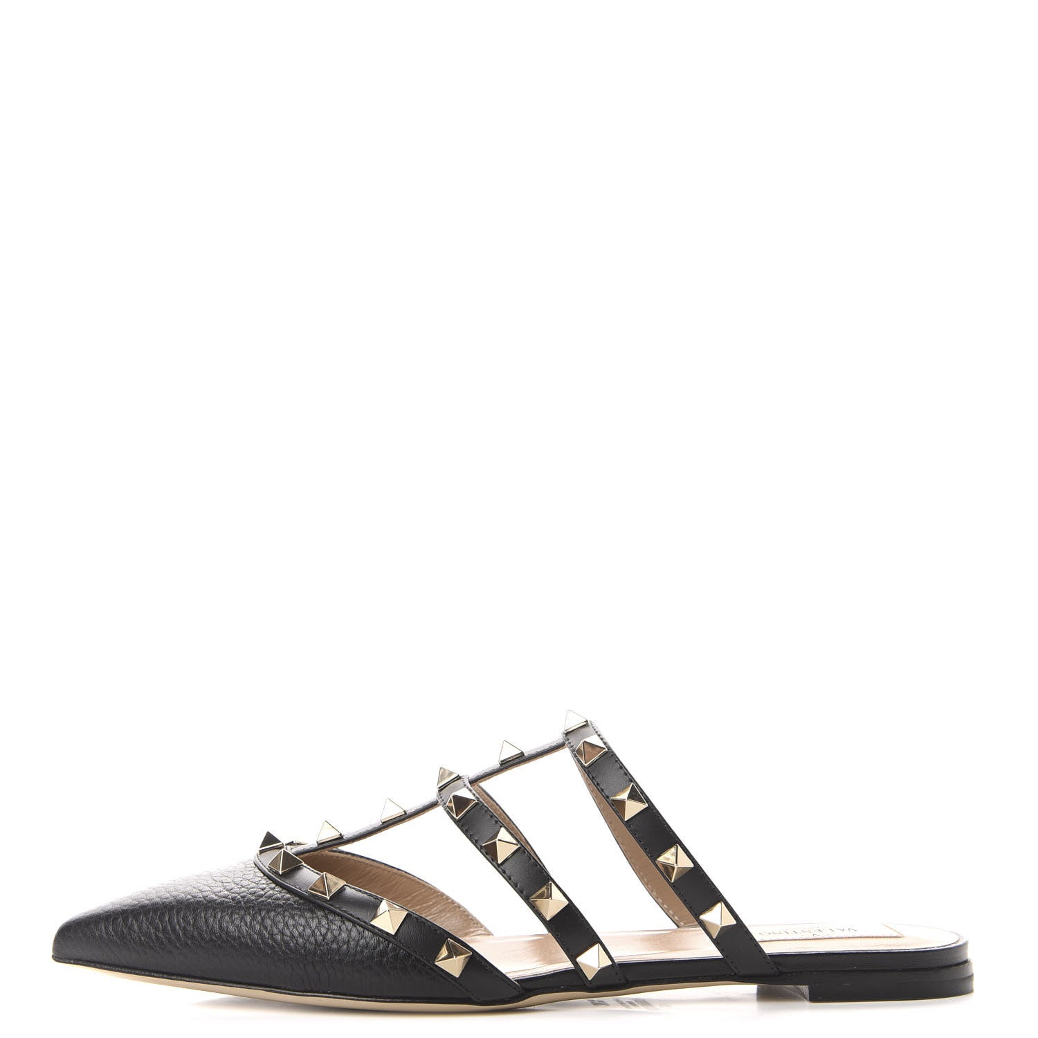 Valentino Garavani Pebbled Calfskin Rockstud Flat Cage Mules 36.5 Black 1 of 11