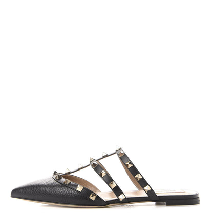 Valentino Garavani Pebbled Calfskin Rockstud Flat Cage Mules 36.5 Black 1 of 11
