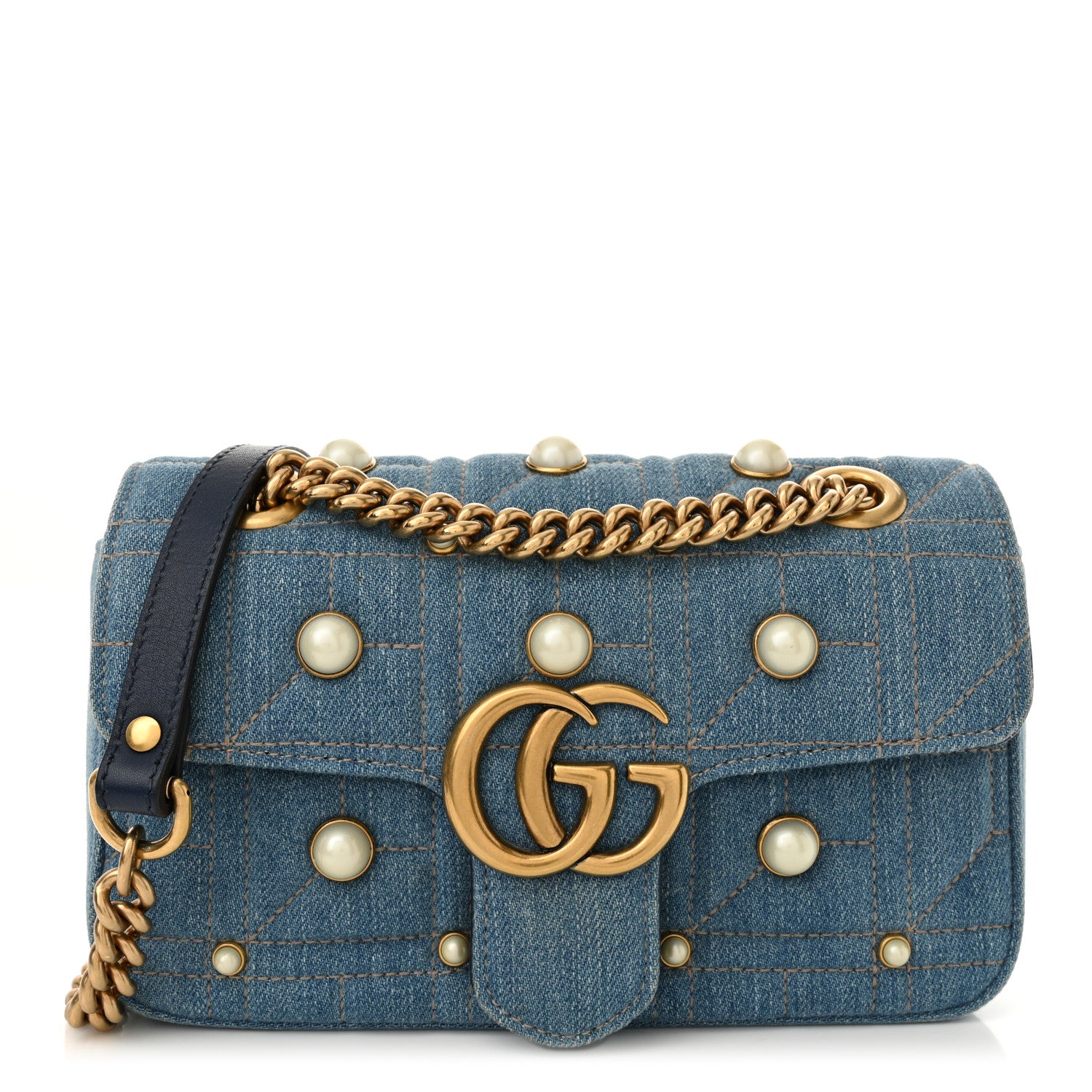 Gucci Denim Matelasse Pearl Studded Mini GG Marmont Shoulder Bag Blue 1 of 11