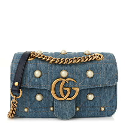 Gucci Denim Matelasse Pearl Studded Mini GG Marmont Shoulder Bag Blue 1 of 11