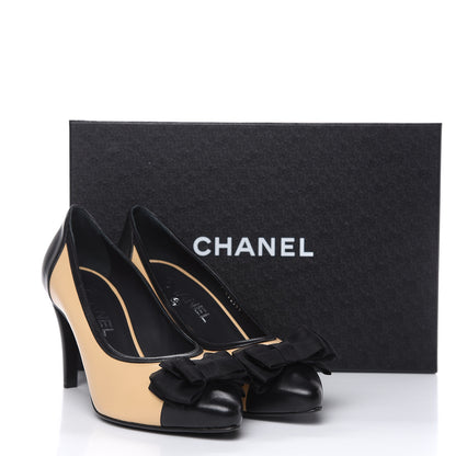 Chanel Lambskin Cap Toe Bow Pumps 38 Beige Black 11 of 12