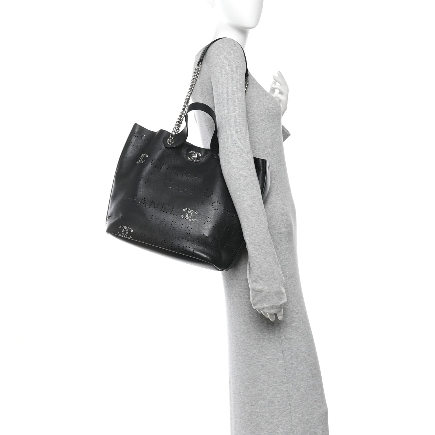 Chanel Calfskin Tweed Small Logo Eyelets Shopping Tote Black 2 of 11