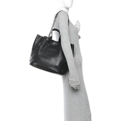 Chanel Calfskin Tweed Small Logo Eyelets Shopping Tote Black 2 of 11