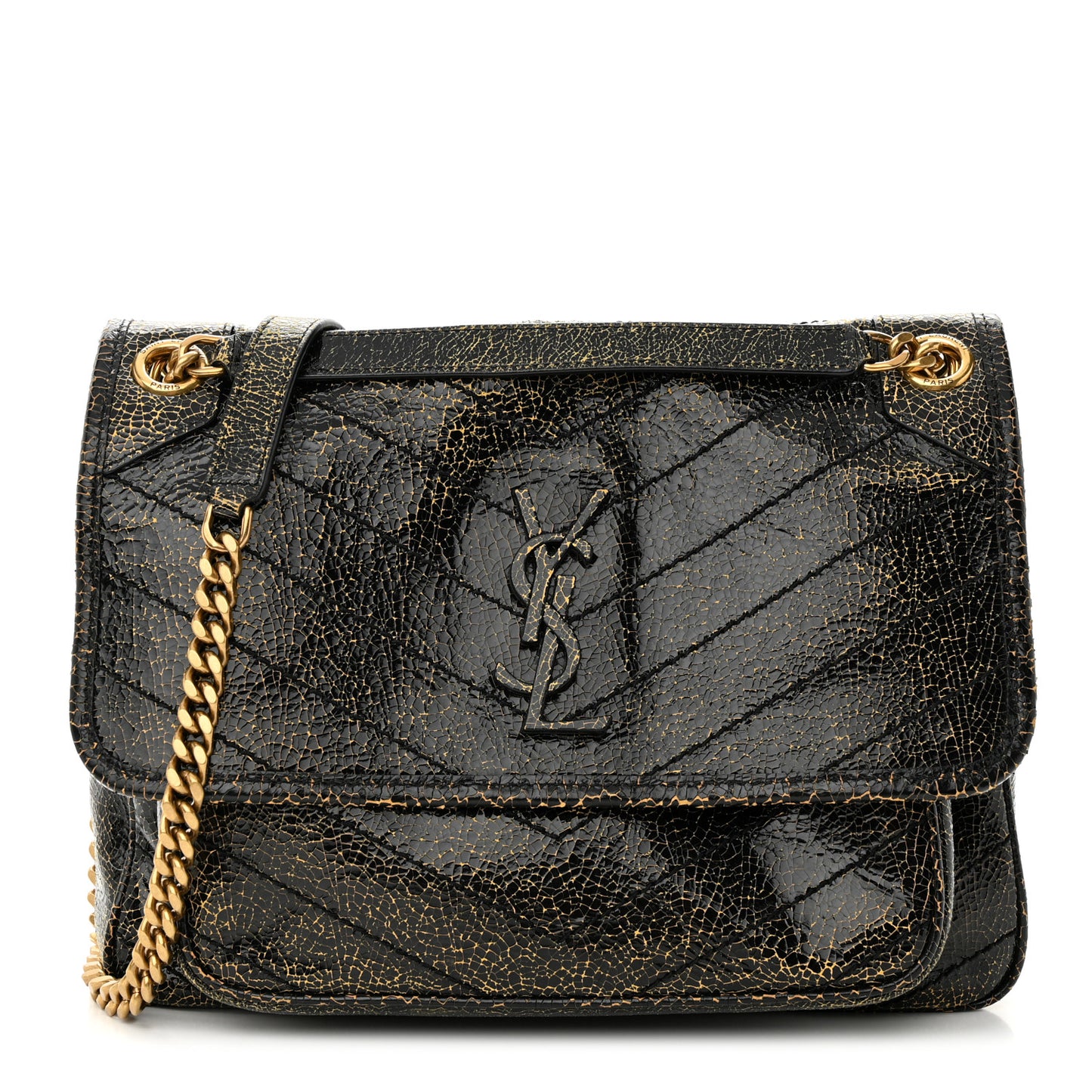 Crinkled Calfskin Matelasse Monogram Medium Niki Chain Satchel Black Ocra