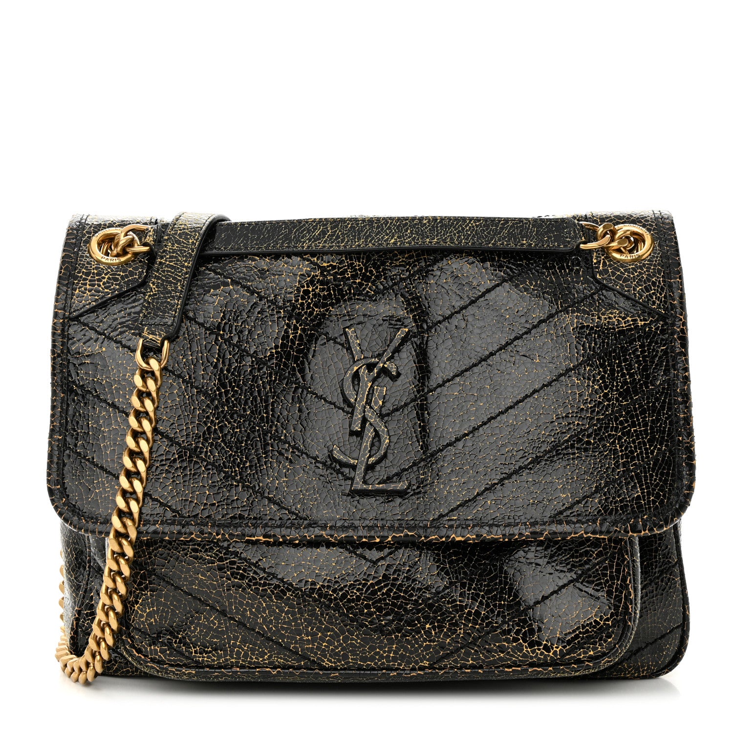 Saint Laurent Crinkled Calfskin Matelasse Monogram Medium Niki Chain Satchel Black Ocra 1 of 10