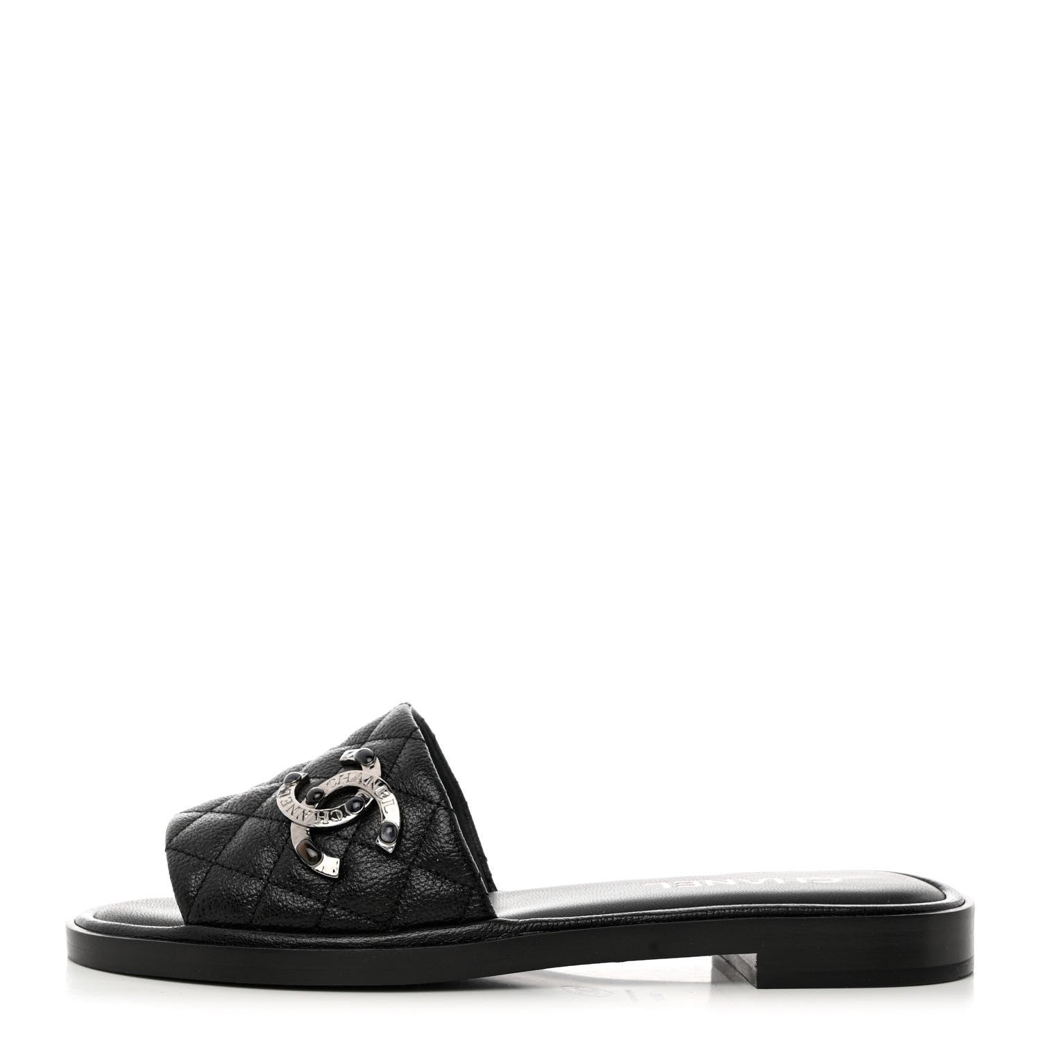 Chanel Shiny Goatskin Quilted CC Mules Sandals 38.5 Black 1 of 10