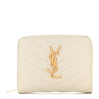 Saint Laurent Grain De Poudre Matelasse Chevron Monogram Compact Zip Around Wallet Crema Soft 1 of 9