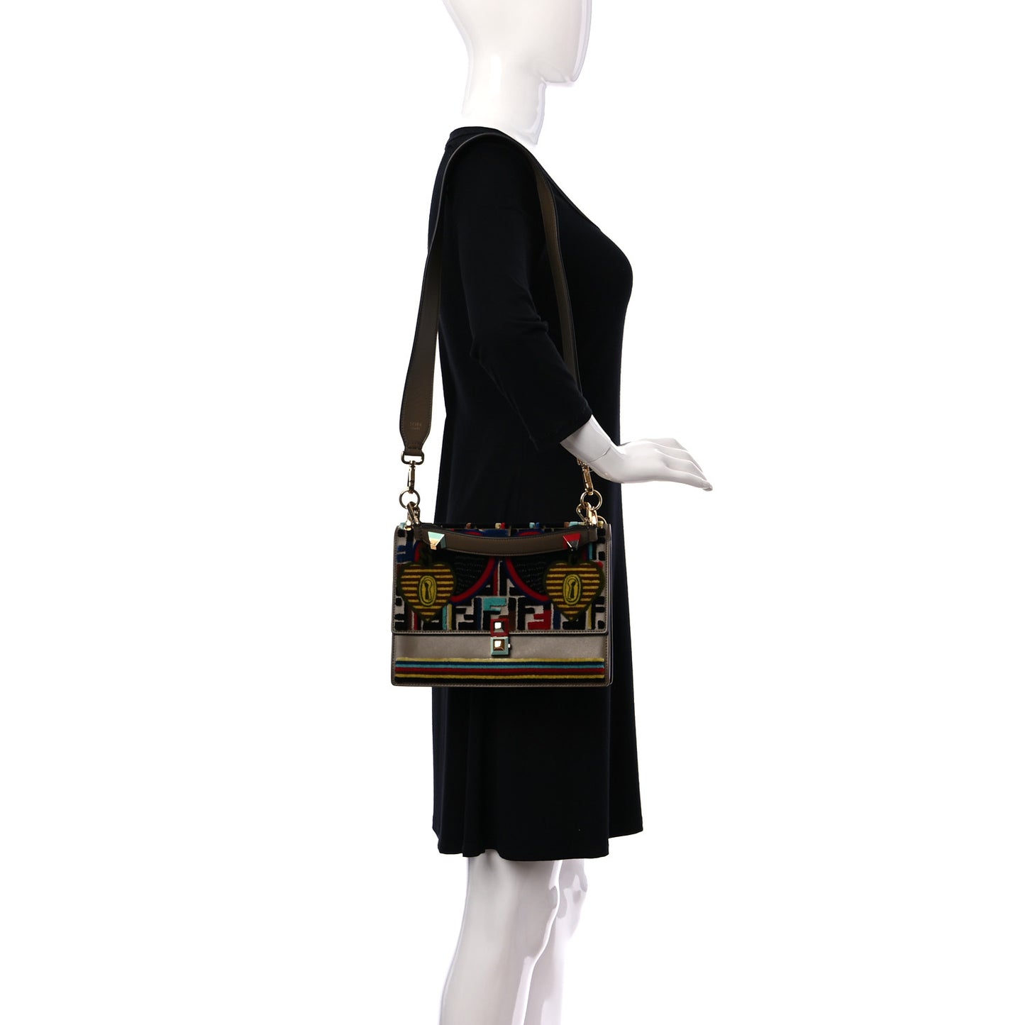 Vitello Liberty Velvet FF 1974 Hearts Padlock Embroidered Kan I Shoulder Bag Fango Multicolor