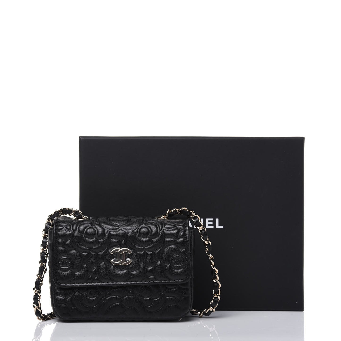 Lambskin Camellia Embossed Chain Belt Bag Black
