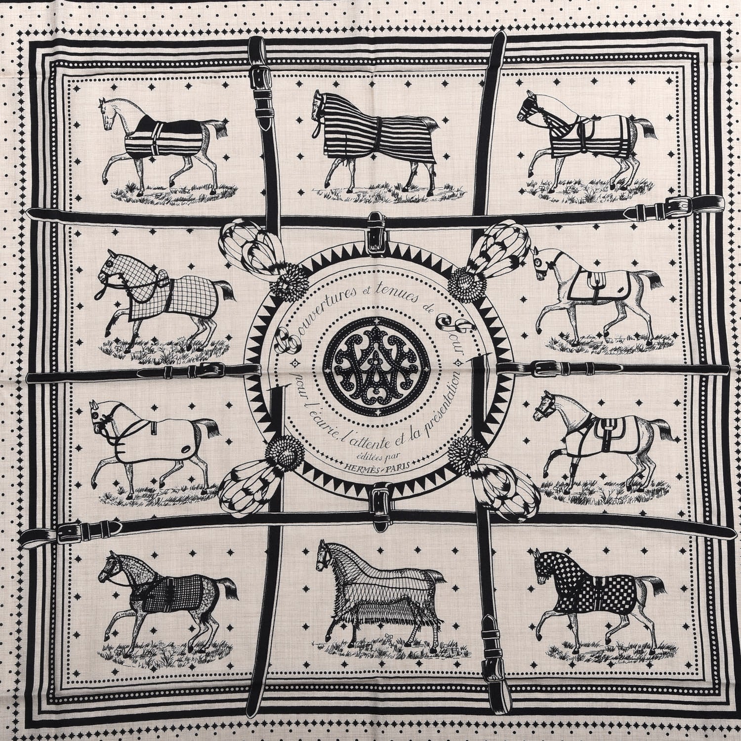 Hermes Silk Cashmere Couvertures Et Tenues de Jour Bandana Shawl 140 Natural Black 3 of 4