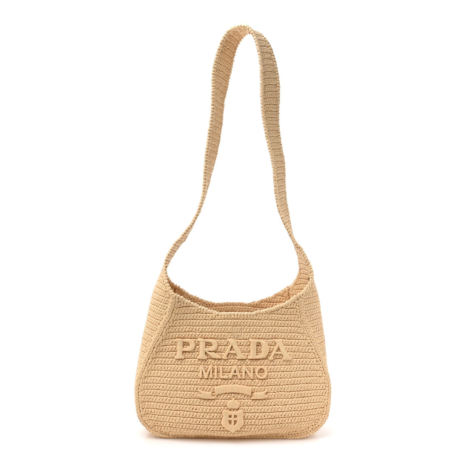 Prada Yarn Raffia Effect Crochet Embroidered Logo Hobo Naturale 1 of 8