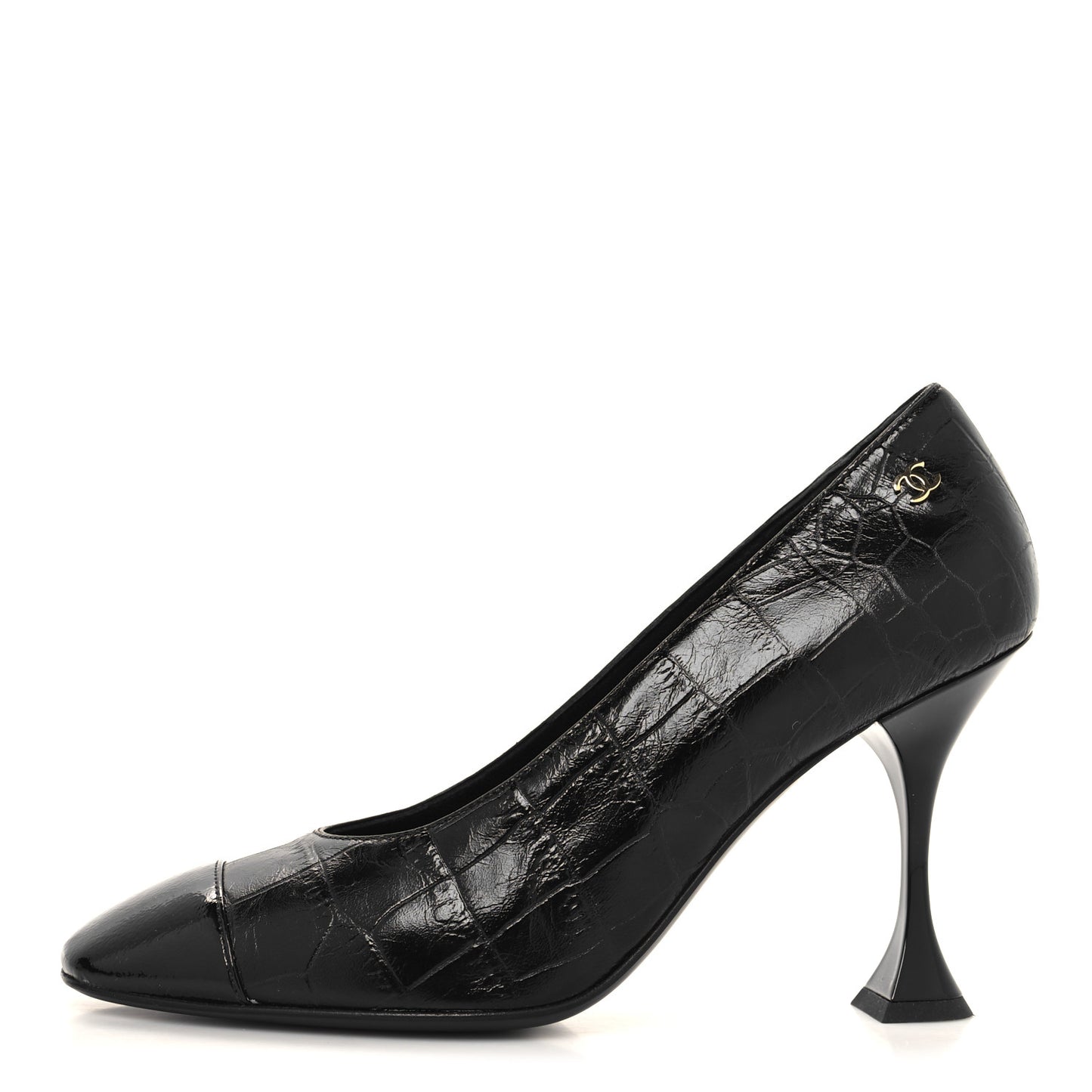 Crocodile Embossed Crumpled Patent Cap Toe Pumps 36 Black