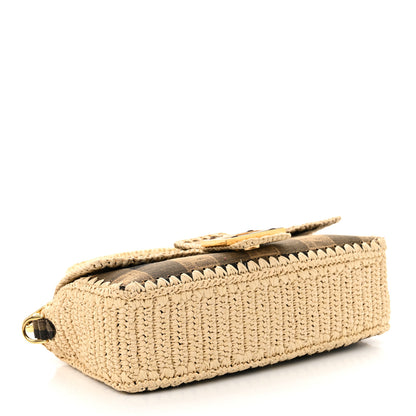 Fendi Fabric Jacquard Raffia Straw Pequin Gingham Woven Baguette Beige Black Natural 4 of 9