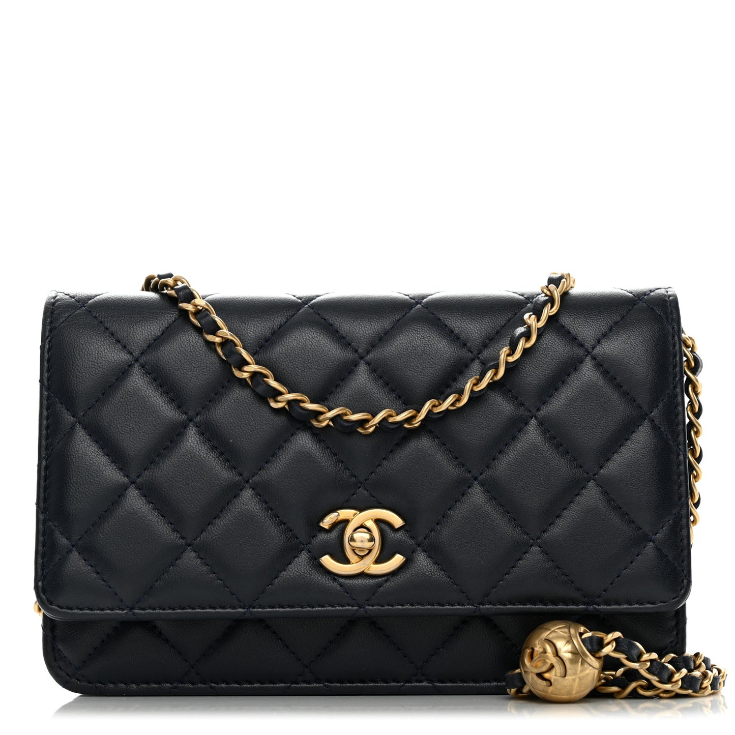 Lambskin Quilted Pearl Crush Wallet on Chain WOC Navy