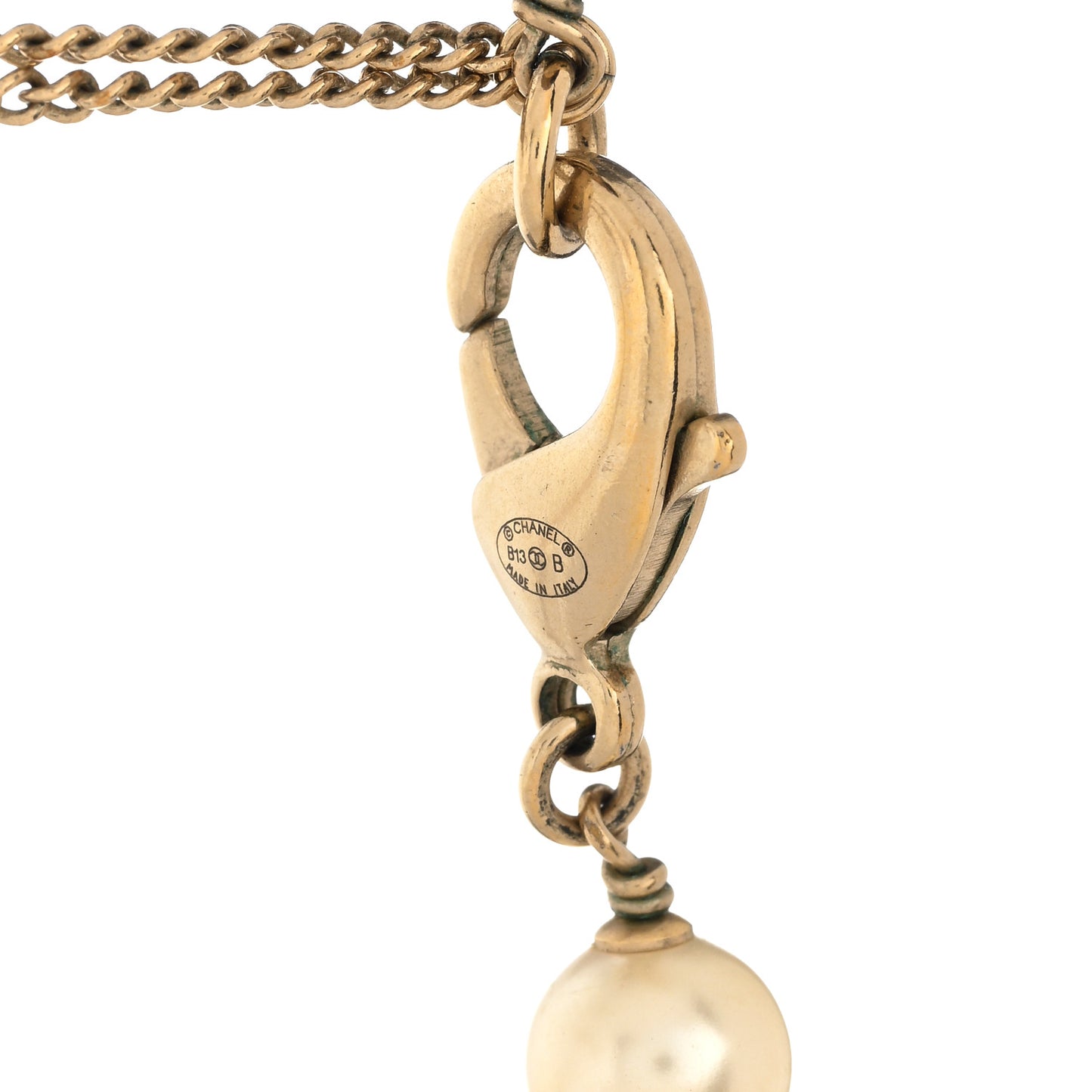 Enamel Bead Pearl CC Long Necklace Brown Gold