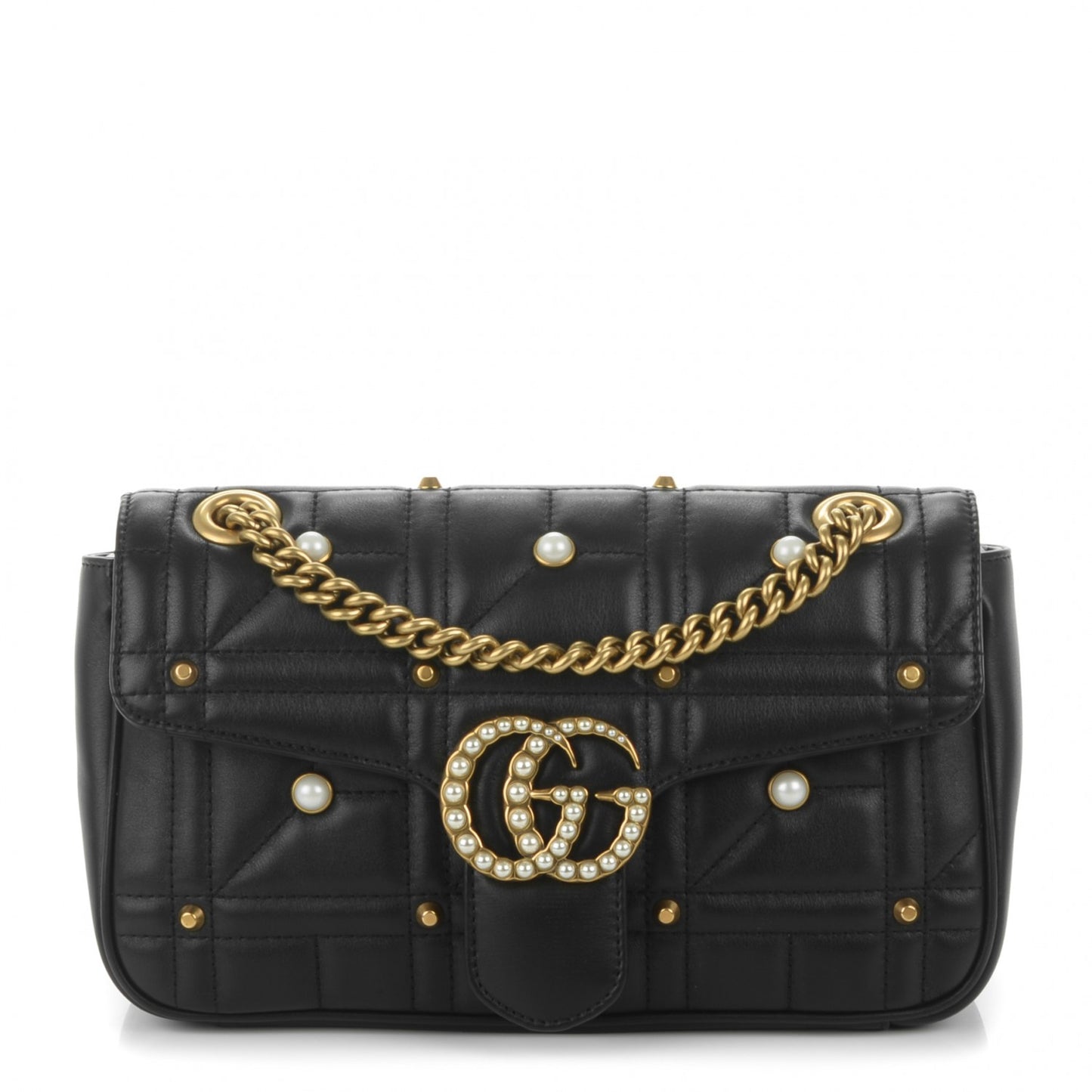 Calfskin Matelasse Studded Small Pearly GG Marmont Shoulder Bag Black