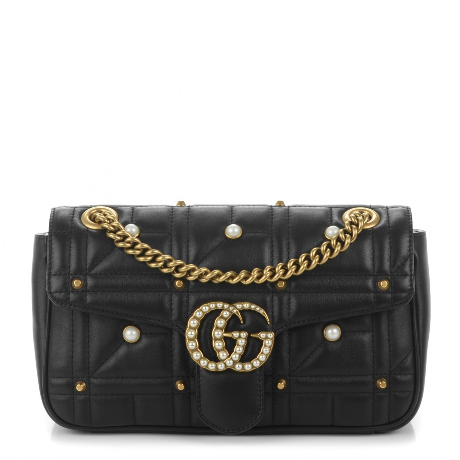 Gucci Calfskin Matelasse Studded Small Pearly GG Marmont Shoulder Bag Black 1 of 7