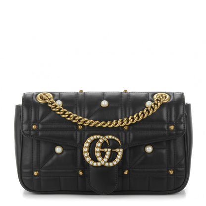 Gucci Calfskin Matelasse Studded Small Pearly GG Marmont Shoulder Bag Black 1 of 7