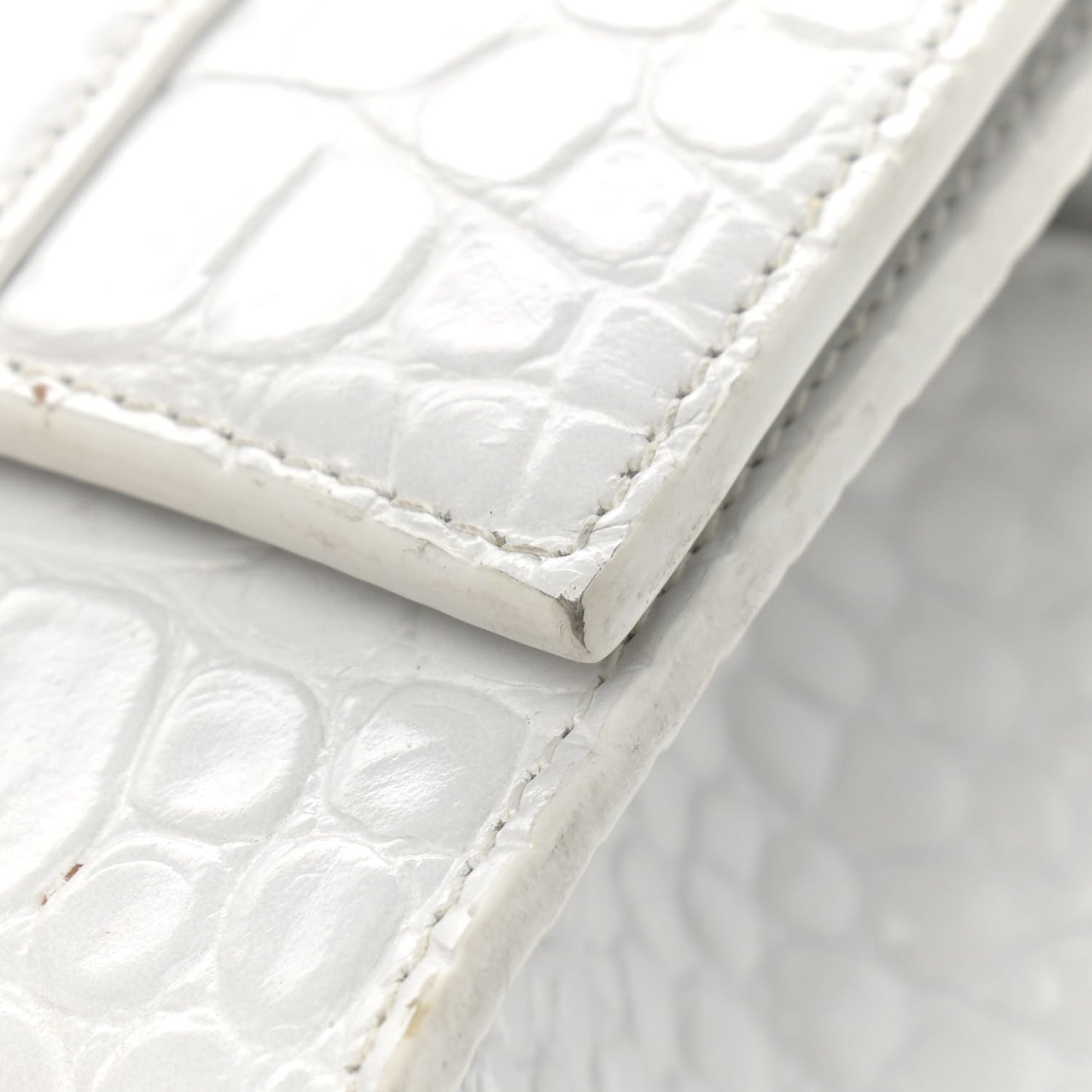 Shiny Calfskin Crocodile Embossed Hourglass Top Handle Bag XS White